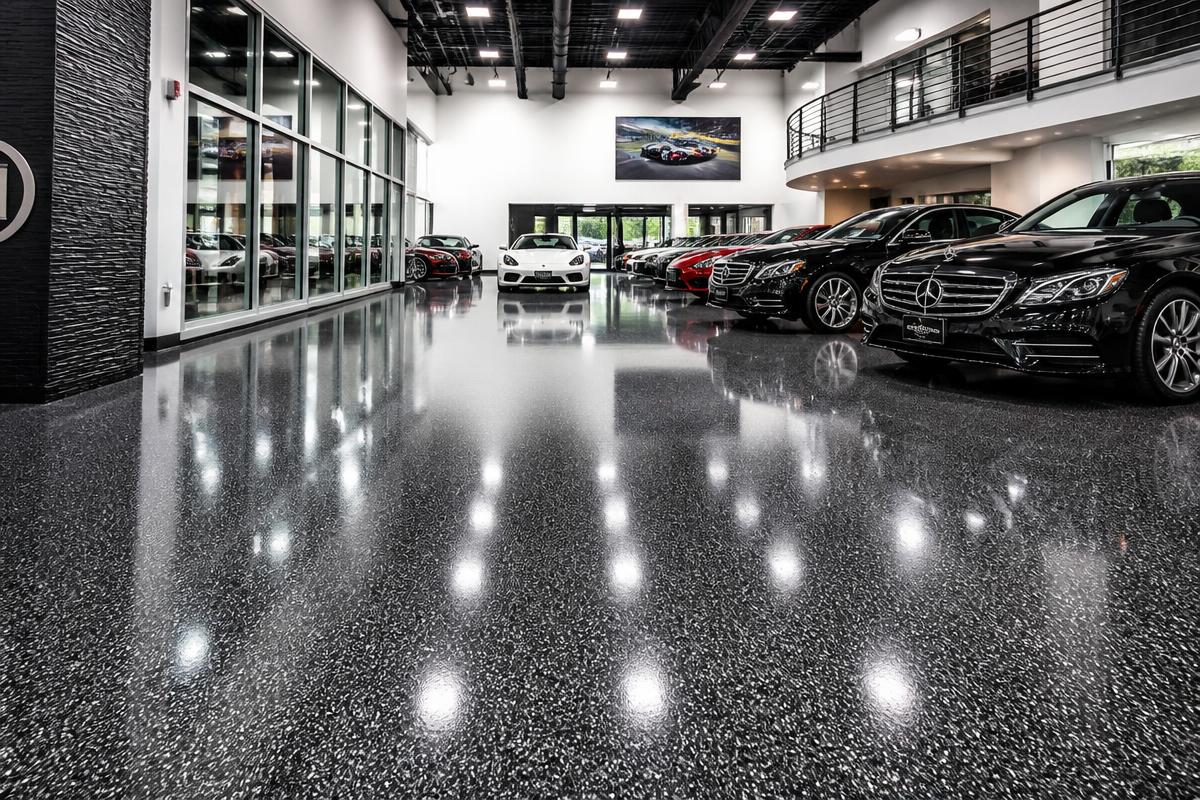 High-gloss metallic flake showroom floor