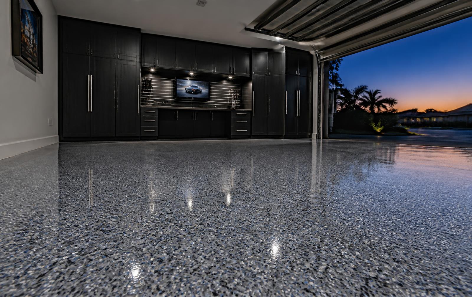 Metallic flake epoxy garage floor