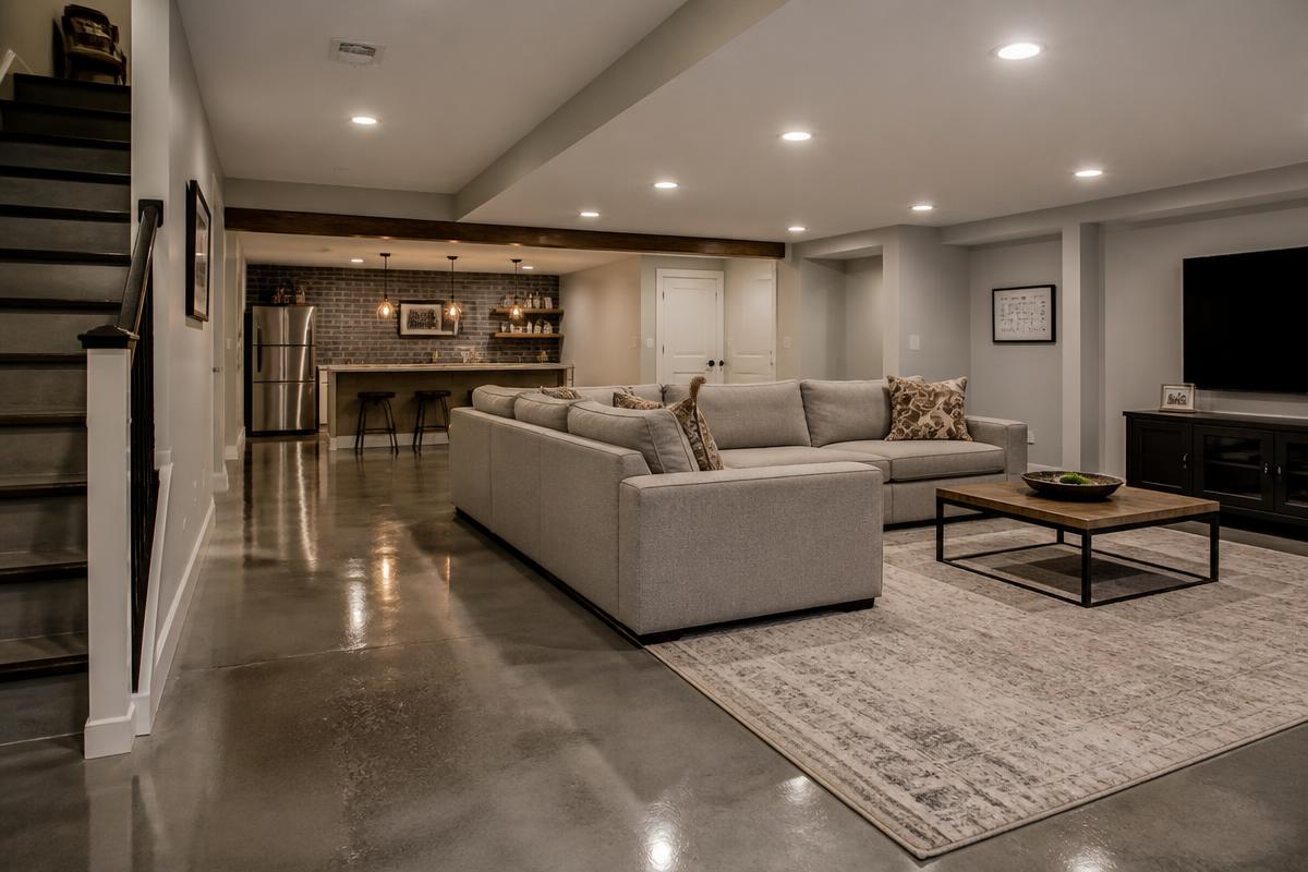 Warm gray polished epoxy basement floor