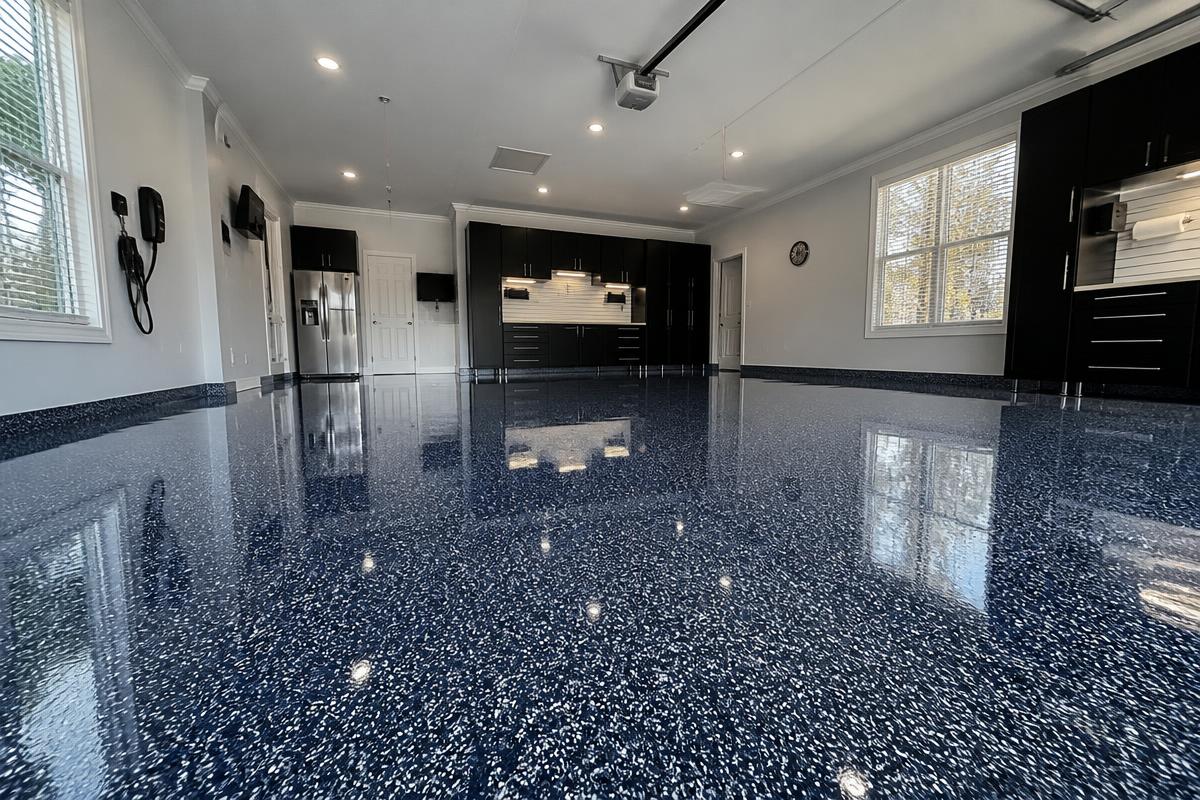 Glossy navy and silver epoxy flake garage floor